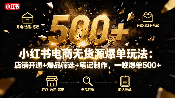 小红书电商无货源爆单玩法：店铺开通+爆品筛选+笔记制作，一晚爆单500+-云创网