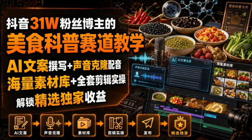 抖音31W粉丝博主的美食科普赛道教学，AI文案撰写+声音克隆配音+剪辑实操，解锁精选独家收益-云创网