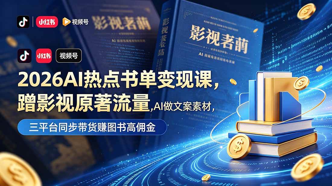 （18727期）2026AI热点书单变现课，蹭影视原著流量，AI做文案素材，三平台同步带货赚图书高佣金-云创网