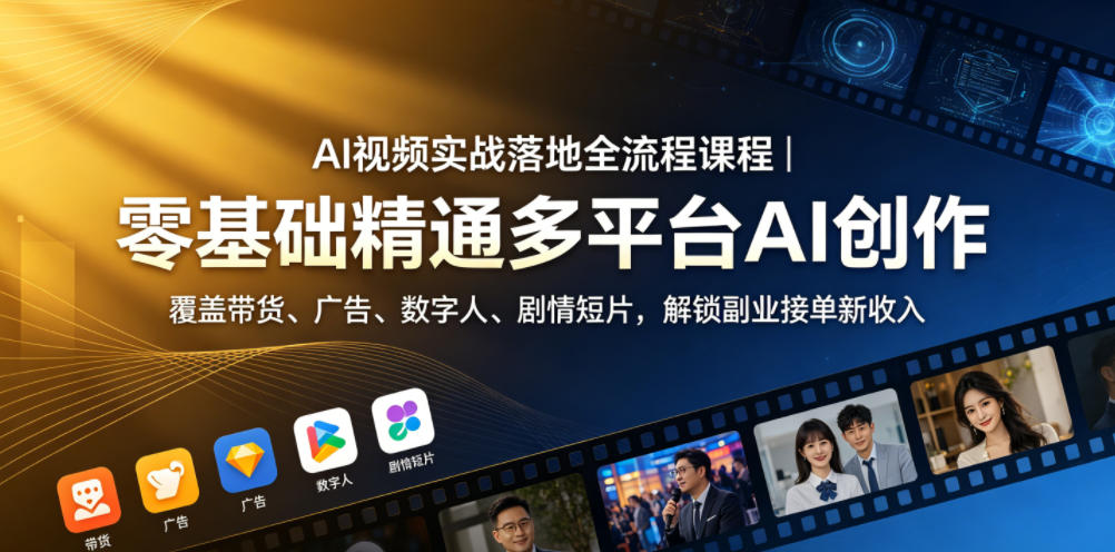 AI视频实战落地全流程课程｜零基础精通多平台AI创作，覆盖带货、广告、数字人、剧情短片，解锁副业接单新收入-云创网