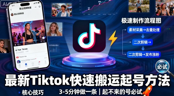 最新Tiktok快速搬运快速起号方法，3-5分钟做一条，起不来的号可以试试-云创网