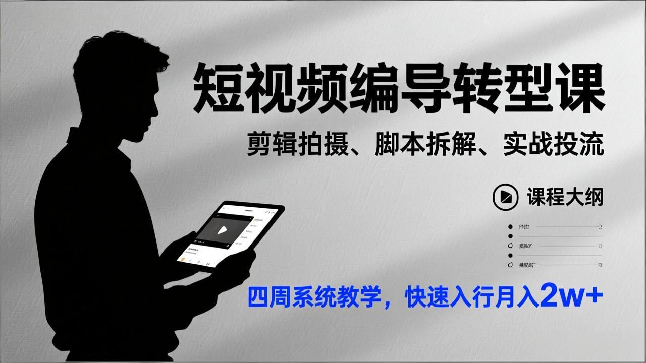 短视频编导转型课，剪辑拍摄、脚本拆解、实战投流，四周系统教学，快速入行月入2w+-云创网