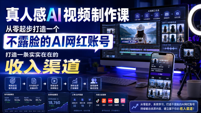 真人感AI视频制作课，从零起步打造一个不露脸的AI网红账号，打造一条实实在在的收入渠道【原创双语字幕】-云创网