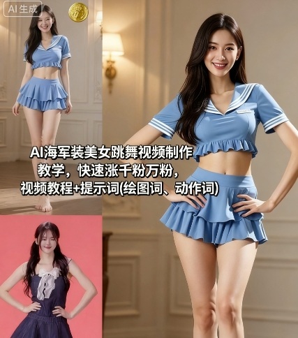 AI海军装美女跳舞视频制作教学，快速涨千粉万粉，视频教程+提示词(绘图词、动作词)-云创网