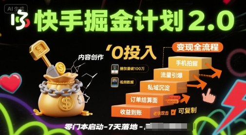 快手掘金计划2.0，快手电商变现全流程，简单可复制，0投入-云创网