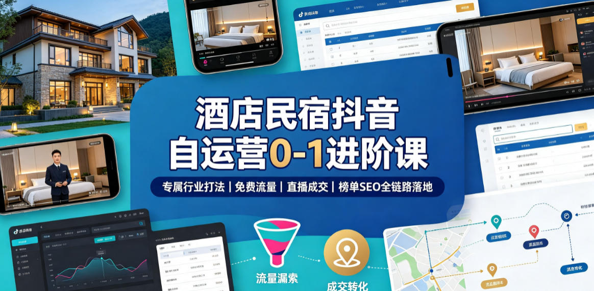 酒店民宿抖音自运营0-1进阶课｜专属行业打法、免费流量+直播成交+榜单SEO全链路落地-云创网