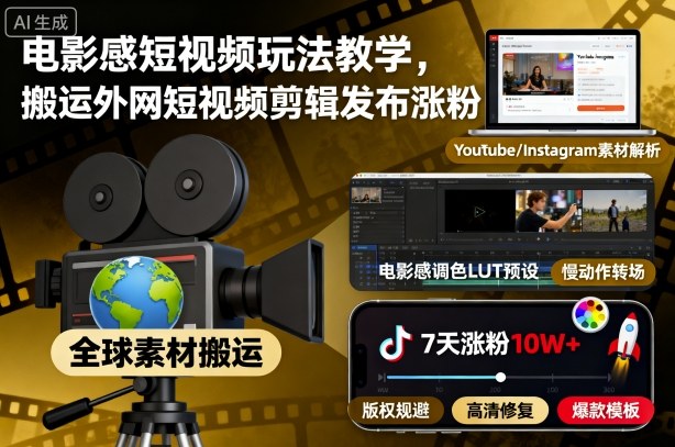 电影感短视频玩法教学，搬运外网短视频剪辑发布涨粉-云创网