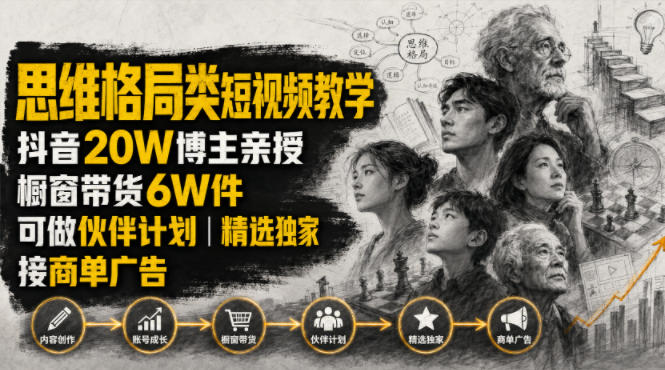 人性思维格局类短视频教学，抖音20W博主亲授，橱窗带货6W件，可做伙伴计划、精选独家、接商单广告-云创网