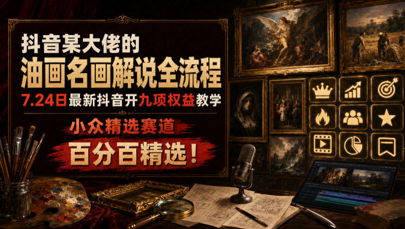 抖音某大佬的油画名画解说全流程，7.24日最新抖音开九项权益教学，小众精选赛道，百分百精选！-云创网