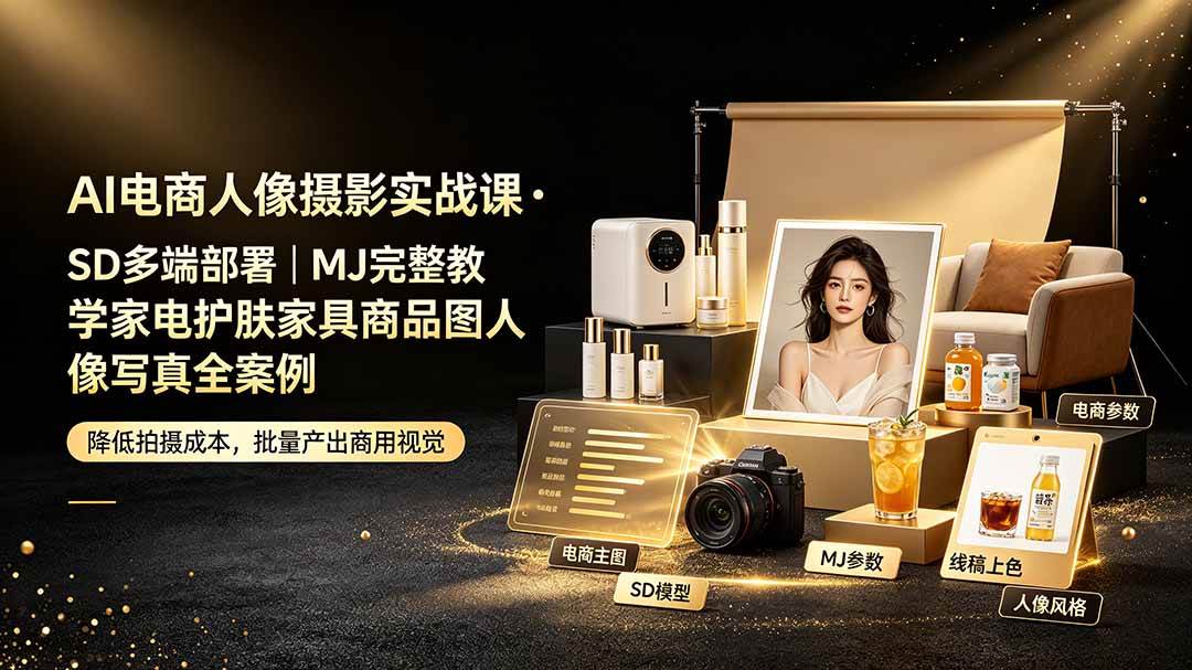 （19262期）AI电商人像摄影实战课·SD多端部署｜MJ完整教学｜家电护肤家具商品图人像写真全案例-云创网