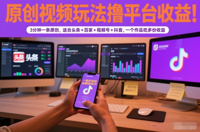 原创视频玩法撸平台收益，3分钟一条原创，适合头条+百家+视频号+抖音，一个作品吃多份收益-云创网