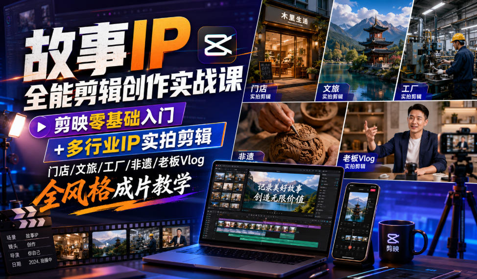 故事IP全能剪辑创作实战课｜剪映零基础入门+多行业IP实拍剪辑，门店/文旅/工厂/非遗/老板Vlog全风格成片教学-云创网