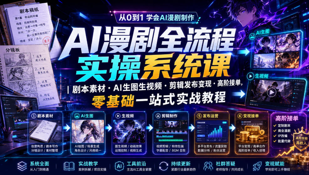 AI漫剧全流程实操系统课｜剧本素材・AI生图生视频・剪辑发布变现・高阶接单，零基础一站式实战教程-云创网