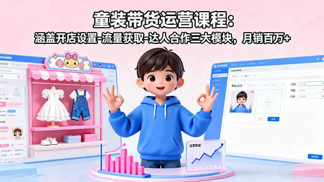 童装带货运营课程：涵盖开店设置-流量获取-达人合作三大模块，月销百万+-云创网