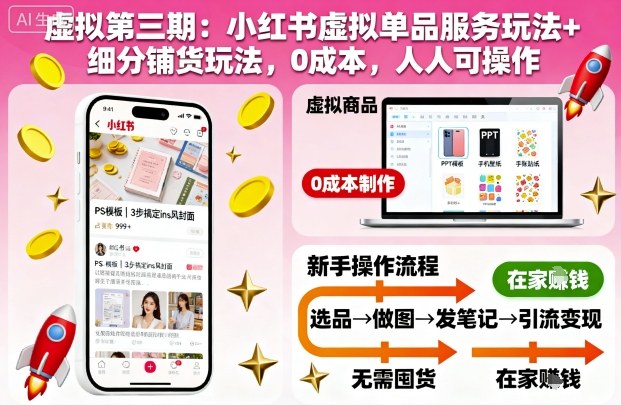 虚拟第三期：小红书虚拟单品服务玩法+细分铺货玩法，0成本，人人可操作(更新)-云创网