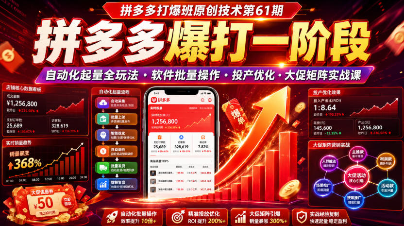 拼多多打爆班原创技术第61期，拼多多爆打一阶段，自动化起量全玩法・软件批量操作・投产优化・大促矩阵实战课-云创网