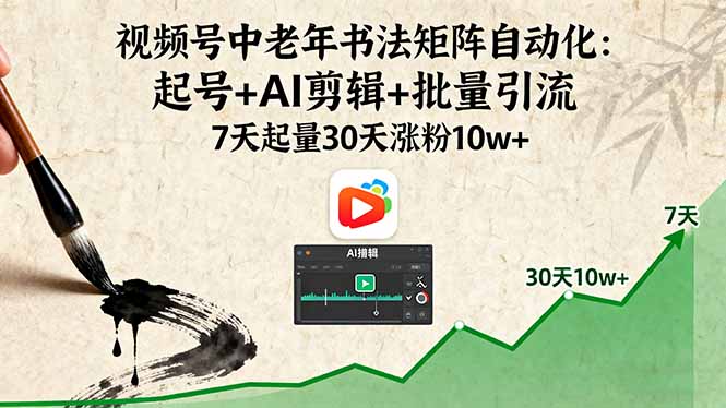 视频号中老年书法矩阵自动化：起号+AI剪辑+批量引流 7天起量30天涨粉10w+-云创网