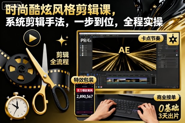 时尚酷炫风格剪辑课，系统剪辑手法，一步到位，全程实操-云创网