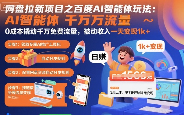 网盘拉新项目之百度Ai智能体玩法，0成本撬动千万免费流量，被动收入，一天变现1k+-云创网