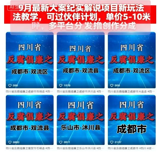 9月最新大案纪实解说项目新玩法教学，可过伙伴计划，单价5-10米，多平台分发撸创作分成-云创网
