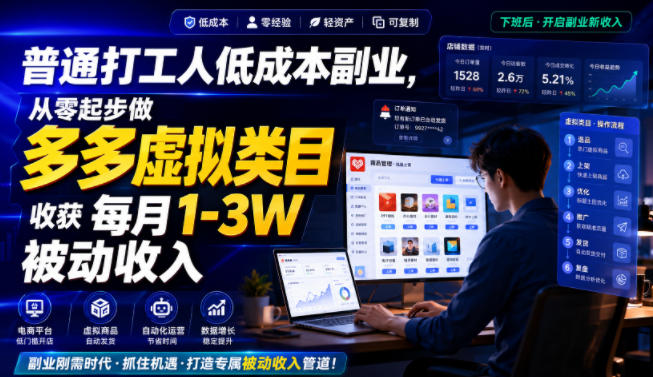 普通打工人低成本副业，从零起步做多多虚拟类目，收获每月1-3W被动收入【揭秘】-云创网