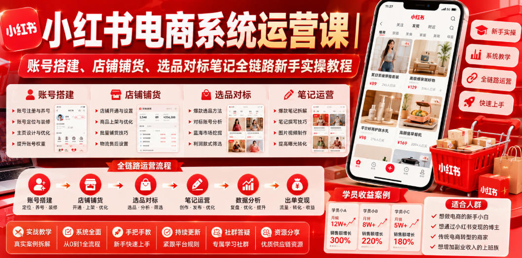 小红书电商系统运营课｜账号搭建、店铺铺货、选品对标笔记全链路新手实操教程-云创网