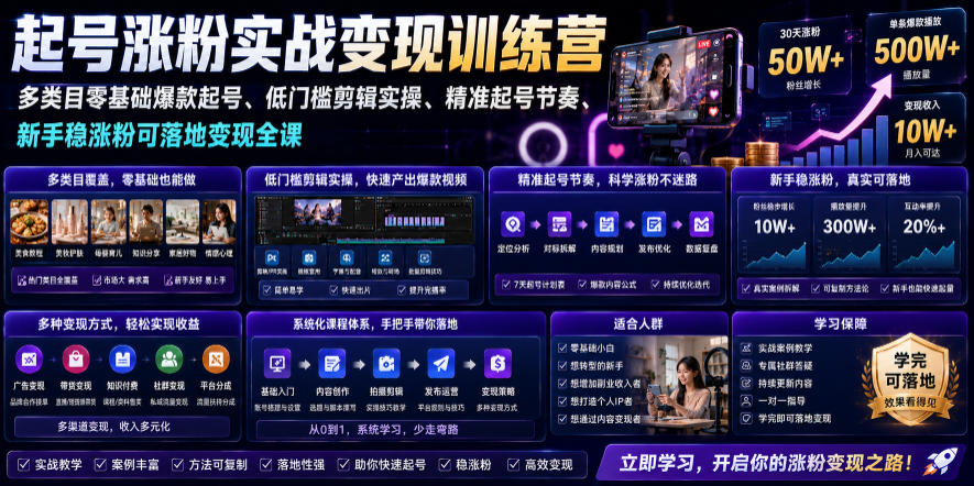 苗子起号涨粉实战变现训练营，多类目零基础爆款起号、精准起号节奏、新手稳涨粉可落地变现全课（更新0719）-云创网