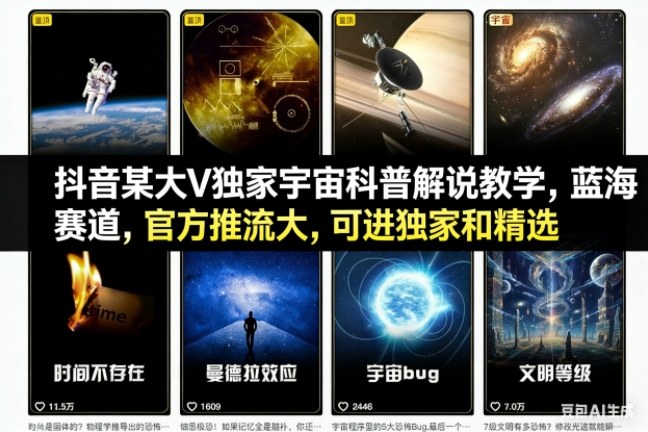 抖音某大V独家宇宙科普解说教学，蓝海赛道，官方推流大，可进独家和精选-云创网