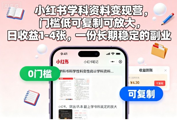 小红书学科资料变现营，门槛低可复制可放大，日收益1-4张，一份长期稳定的副业-云创网