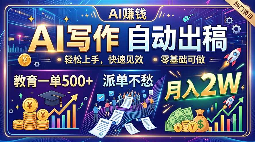 （19614期）AI写作自动出稿，教育一单500+，派单不愁，月入2W-云创网