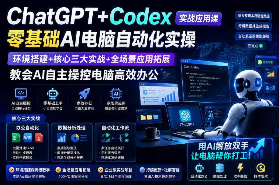 ChatGPT+Codex实战应用课｜零基础AI电脑自动化实操，环境搭建+核心三大实战+全场景应用拓展，教会AI自主操控电脑高效办公-云创网