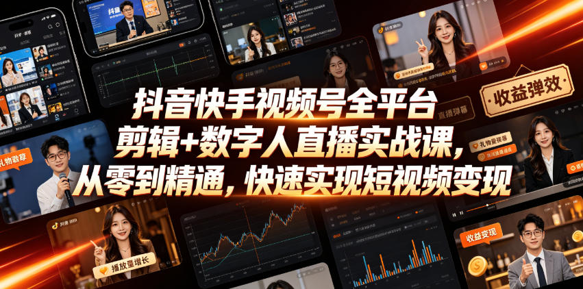抖音快手视频号全平台剪辑+数字人直播实战课，从零到精通，快速实现短视频变现(更新2026年6月)-云创网