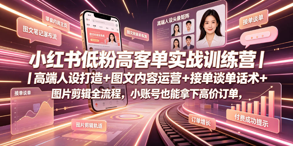 小红书低粉高客单实战训练营｜高端人设打造+图文内容运营+接单谈单话术+图片剪辑全流程，小账号也能拿下高价订单-云创网