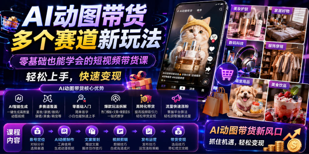 AI动图带货多个赛道新玩法，零基础也能学会的短视频带货课，轻松上手，快速变现-云创网