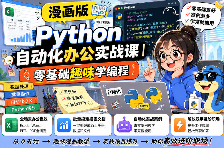 漫画版Python自动化办公实战课｜零基础趣味学编程，全场景办公提效、批量搞定报表文档、解放双手进阶职场-云创网