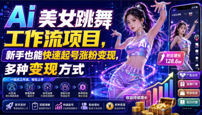 Ai美女跳舞工作流项目，新手也能快速起号涨粉变现，多种变现方式-云创网