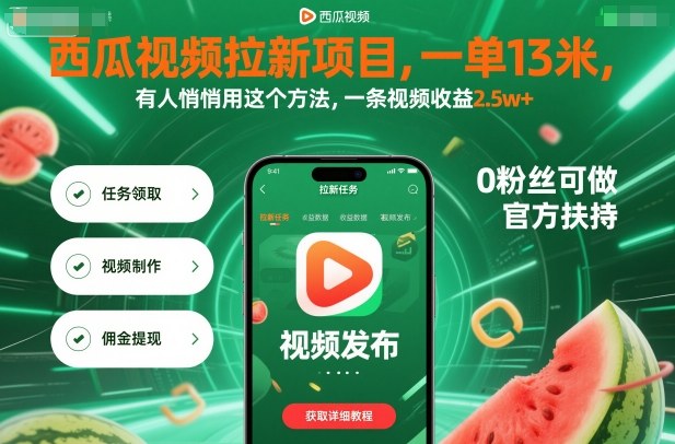 西瓜视频拉新项目，一单13米，有人悄悄用这个方法，一条视频收益2.5w+(附详细教程)-云创网