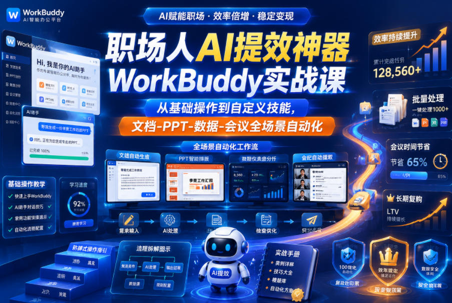 职场人AI提效神器WorkBuddy实战课，从基础操作到自定义技能，文档-PPT-数据-会议全场景自动化-云创网