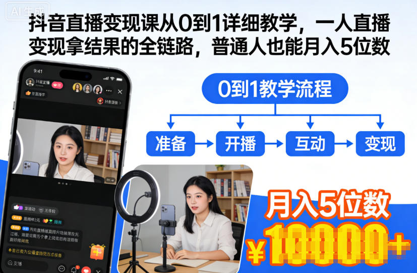 抖音直播变现课从0到1详细教学，一人直播变现拿结果的全链路，普通人也能月入5位数-云创网
