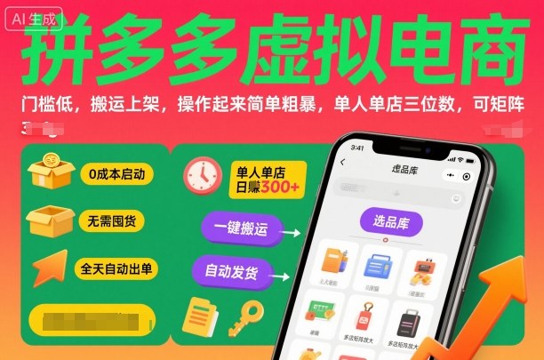 拼多多虚拟电商，门槛低，搬运上架，操作起来简单粗暴，单人单店三位数，可矩阵-云创网