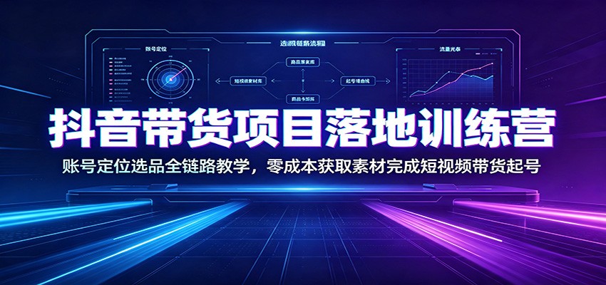 抖音带货项目落地训练营：账号定位选品全链路教学，零成本获取素材完成短视频带货起号-云创网