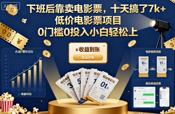 下班后靠卖电影票，十天搞了7k+，低价电影票项目，0门槛0投入小白轻松上手【揭秘】-云创网