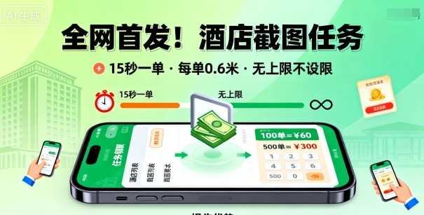 全网首发！酒店截图任务，15秒一单，每单0.6米，任务无上限不设限，矩阵操作单日3张到手【揭秘】-云创网