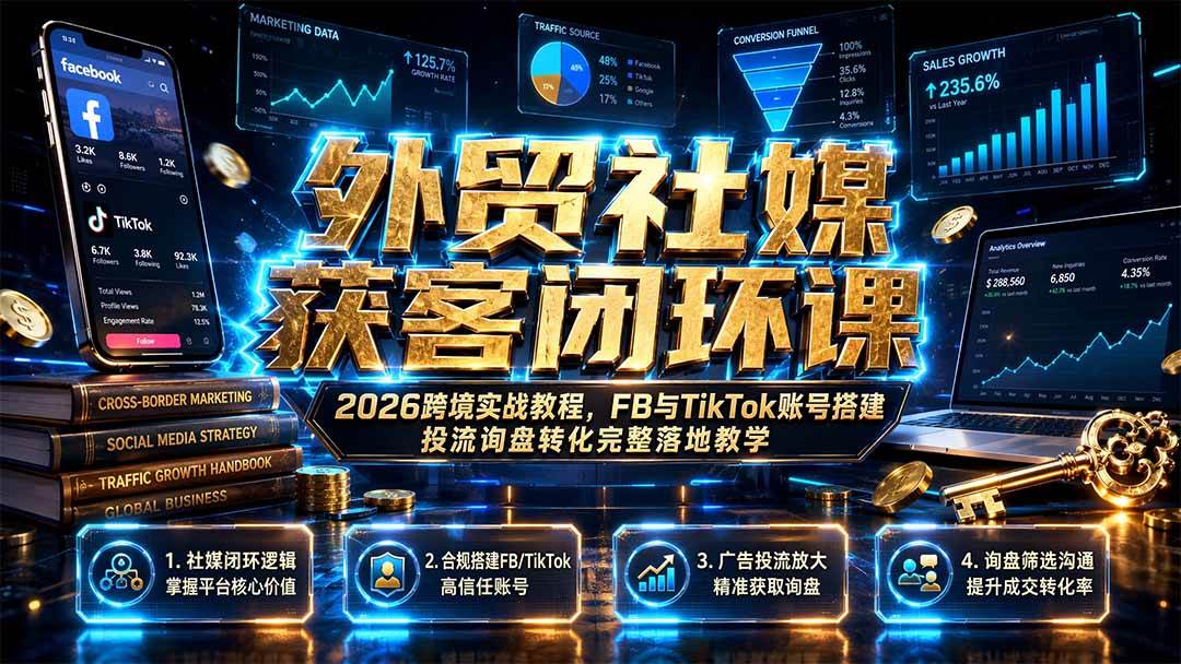 （19611期）外贸社媒获客闭环课｜2026跨境实战教程，FB与TikTok账号搭建投流询盘转化完整落地教学-云创网