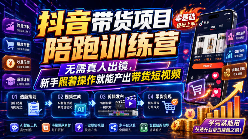 抖音带货项目陪跑训练营，无需真人出镜，新手照着操作就能产出带货短视频-云创网