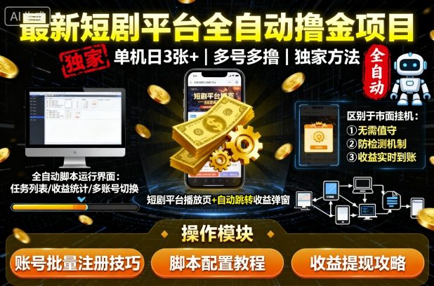 最新短剧平台全自动挂G撸金项目，单机一天3张+，多号多撸，区别于市面所有挂机项目，独家方法【揭秘】-云创网