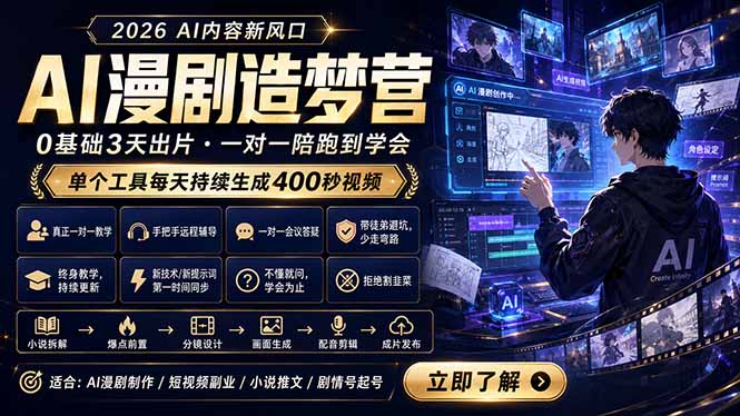 AI漫剧造梦营：0基础3天出片，单个工具每天持续生成400秒视频-云创网
