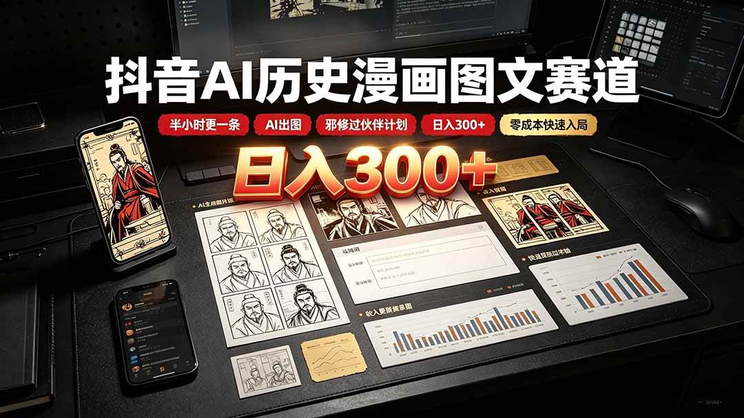 （19498期）抖音AI历史漫画图文赛道：半小时更一条×AI出图×邪修过伙伴计划×日入300+，零成本快速入局-云创网