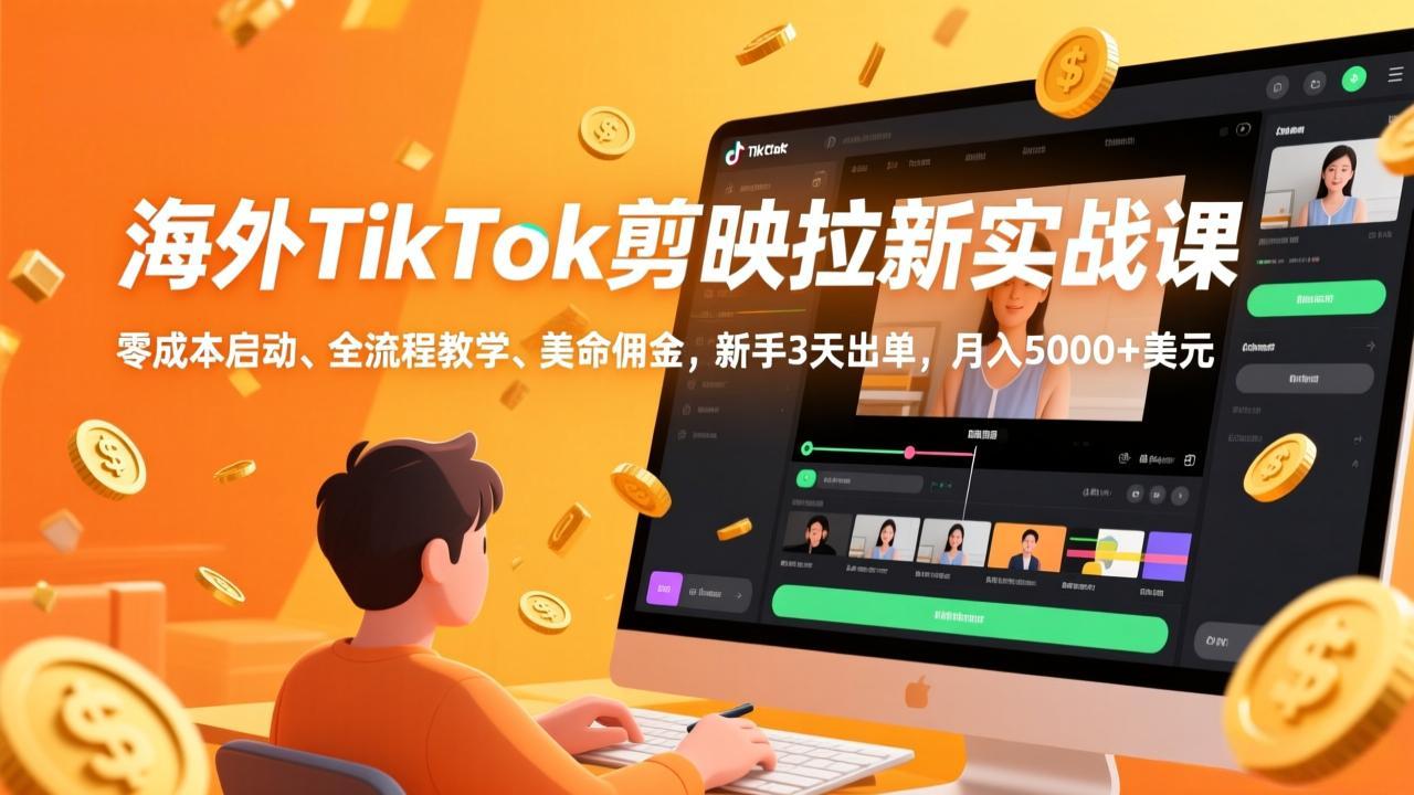 海外TikTok剪映拉新实战课，零成本启动、全流程教学、美金佣金，新手3天出单，月入5000+美元-云创网