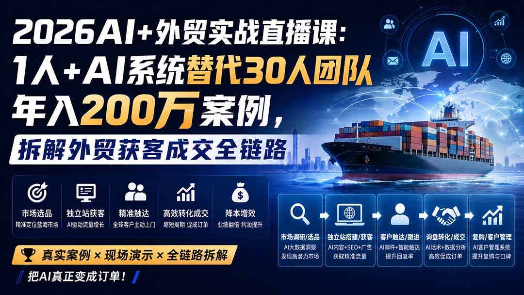 2026AI+外贸实战直播课：1人+AI系统替代30人团队年入200万案例，拆解外贸获客成交全链路-云创网